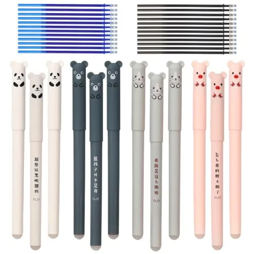 WUFANC Radierbares Gelstift-Set, inklusive 12 radierbare Stifte + 24 Ersatzminen, Tintenroller mit 0,5 mm Spitze, Kugelschreiber, geeignet für Studenten, Lehrer, Büroangestellte(Schwarzer, Blauer)