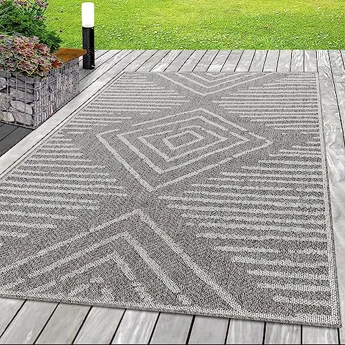 SIMPEX Outdoor Teppich, Gestreift Design, Grau, 60 x 100 cm, Boho-Stil, für Küche, Balkon, Terrasse, Garten, Picknick