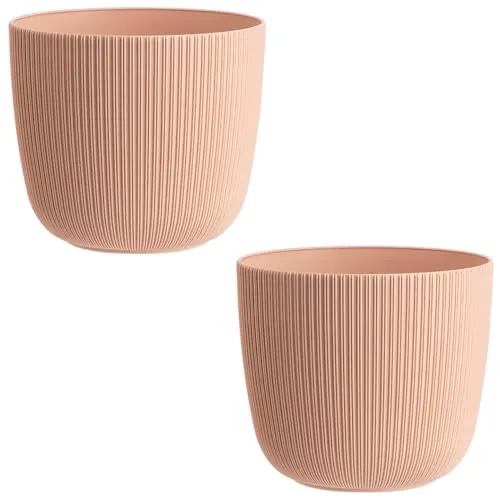 Engelland - 2 x Blumentopf mit Drainagesystem, Apricot/Aprikose, Rillenoptik, Pflanz-Topf, Kübel, modern, widerstandsfähig, rund, wetterfest, Kunststoff, Ø 34 cm, 20 Liter