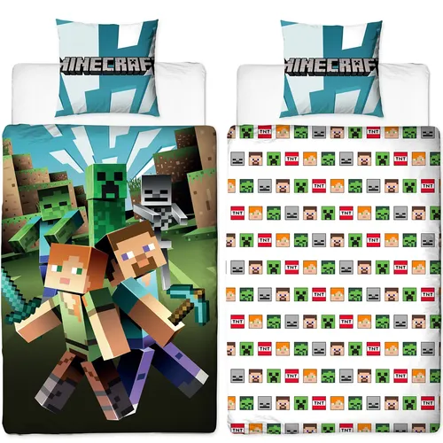 Minecraft Bettwäsche City – 100% Baumwolle Linon 135x200 cm - Bettwäsche für Kinder und Jugendliche mit coolem Minecraft-Design, wendbar und aus 100% Baumwolle, ideal für Gaming-Fans und pflegeleicht bei 60°C waschbar.