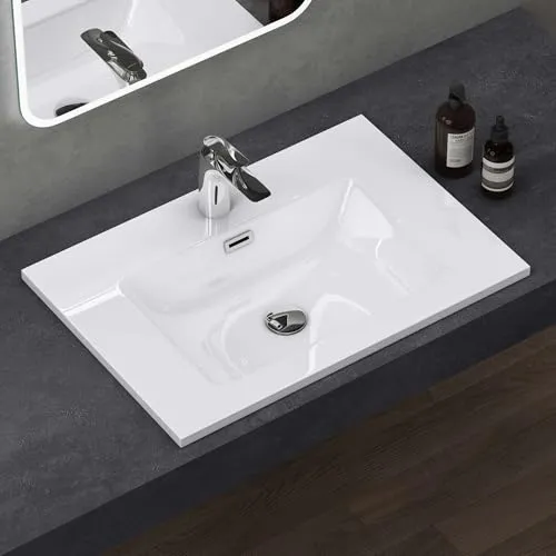 doporro Einbauwaschbecken aus Mineralguss 70x48 cm - Eckiges Einbauwaschbecken aus reinem Mineralguss in Weiß mit Überlauf, ideal für moderne Badezimmer. Einfache Montage und handpolierte Oberfläche sorgen für elegantes Design.