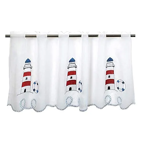 Tischdeckenshop24 Scheibengardine Leuchtturm für Küche und Badezimmer, weiße Gardine mit maritimen Motiv, Moderne und transparente Bistrogardine, 45x115 cm