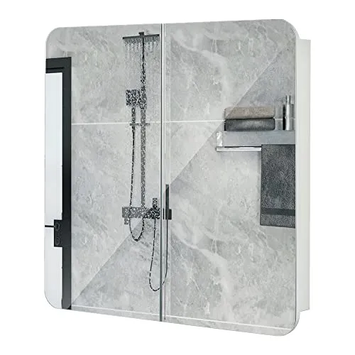 Meerveil Spiegelschrank, Badezimmerspiegel mit 2 Türen 5 Einlegeböden Holz Moderner Stil, 68 x 13 x 66 cm F1015BC12WT Weiß - Bogen