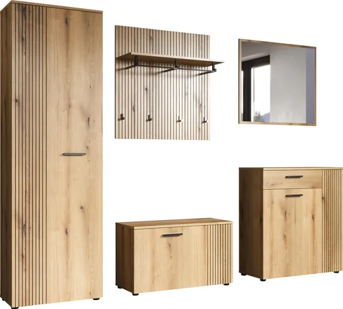 Home affaire Garderoben-Set Amrum, Komplett-Set mit Schrank, Sitzbank, Wandpaneel, Kommode & Spiegel - Das 5-teilige Garderoben-Set »Amrum« von Home affaire vereint modernes Design und praktische Funktionalität. Es bietet optimalen Stauraum für Jacken und Schuhe und sorgt für Ordnung im Eingangsbereich.