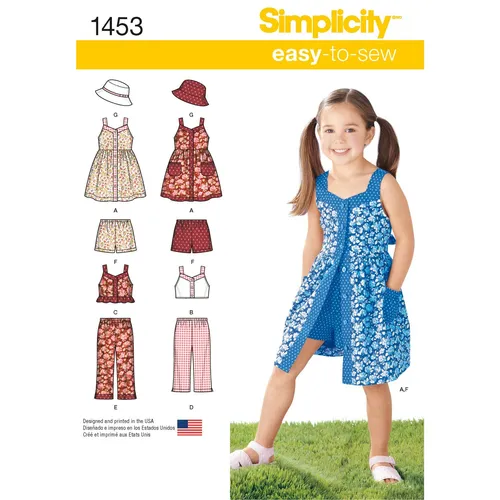 Simplicity 1453 Kinder Kleid Oberteil Hose Shorts Hut Nähmuster Größen 3 - 8