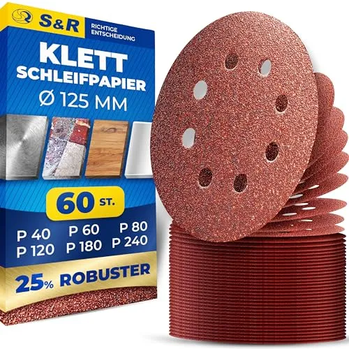 S&R Klett Schleifpapier Set 125 mm, Meister, 8 Löcher, 60 St Schleifblätter, Schleifscheiben für Exzenterschleifer 125mm, je 10 x Körnungen P40, P60, P80, P120, P180, P240, zuverlässige Haftung
