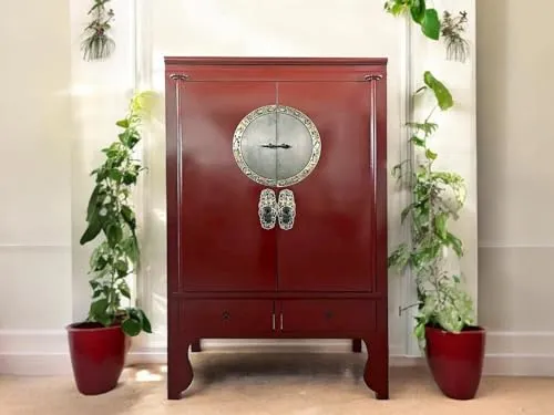 OPIUM OUTLET Chinesischer Hochzeitsschrank - Asiatischer Kleiderschrank im Shabby-Chic Stil, handgefertigt mit authentischen chinesischen Motiven. Ideal als Eyecatcher für jedes Zimmer und kommt komplett montiert.