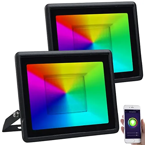 Luminea Home Control WLAN-RGB-LED-Strahler: 2er-Set WLAN-Fluter, RGB-CCT-LEDs, App, 3.750 lm, 50 W, IP65 (Flutlicht-Strahler, Flutlicht WiFi, Fernbedienungen)