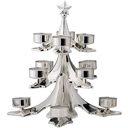 Teelichthalter Christbaum groß - versilberter Kerzenständer für 12 Teelichter mit Sternspitze, silberfarben & anlaufgeschützt, festlicher Deko-Baum für Weihnachten & Advent