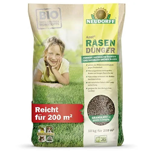 Neudorff Azet Rasen Dünger 8-3-4 mit Eisen - Organischer NPK-Dünger, 100% natürlich, ideal für eine gesunde Rasenpflege und zur Bekämpfung von Moos. Geeignet für Garten, Gemüsebeet und Gewächshaus.