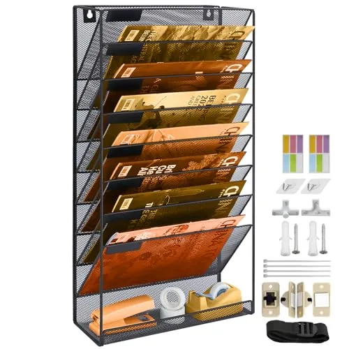 Hängeorganizer Wandablagefächer 9 Stöckiger Wandmontage Schreibtisch Organizer, A4 Zeitschriftenhalter Wand für Zeitschriften, Hängende Wandordner Dokumente Metall Büro Dokument Organizer für Zuhause