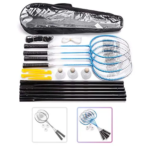 Badmintonschläger Set 2 oder 4 Personen Badminton Set mit Netz für den Garten Einfache Einrichtung Badminton Set für Erwachsene Kinder Kinder Familie mit 3 Shuttercocks