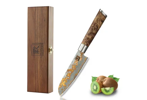 MysticMagma Santoku (klein) 12,5 cm - Küchenmesser aus 67 Lagen Damaststahl, ergonomischer DualCurve Griff aus Ahornwurzelholz für optimalen Komfort und Kontrolle, geliefert in einer eleganten Holzbox.