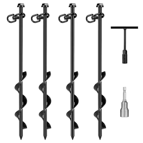 Erdanker Bodenanker 4 Stück, Bodenanker zum eindrehen 40cm, Stahl eindrehen erdanker mit Erdbohrer Adapter & Metall quergriff, Trampolin bodenanker für Camping, Zelten, Schaukel, VordäCher, Schuppen