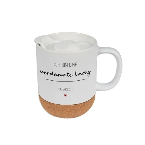 CreaDesign, Tasse Kork weiß mit Spruch ich bin eine verdammte Lady, Kaffeetasse Korkboden, 330 ml