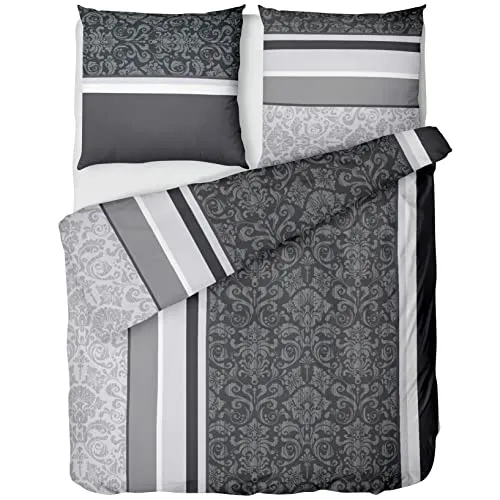 LINKHOFF Flanell Biber Bettwäsche 155x220 - Flauschiges 2tlg Set in Grau Anthrazit Paisley Muster - Bettwäsche-Sets aus 100% Baumwolle, atmungsaktiv und hautfreundlich. Flauschig und pflegeleicht, ideal für kuschelige Winternächte.