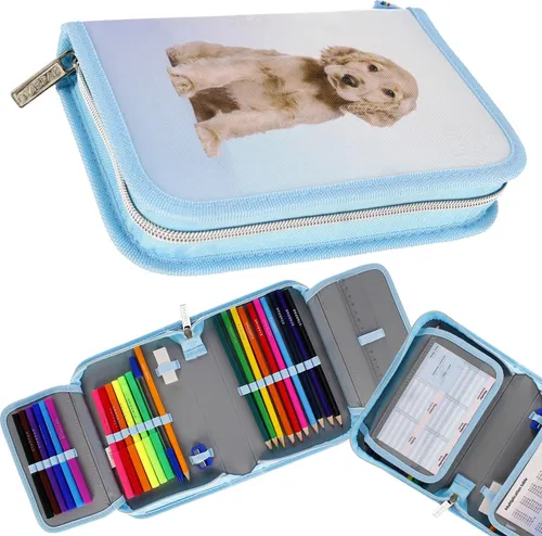 Hündchen zwei Klappen-Federmäppchen mit Zubehör, Federmäppchen für Mädchen