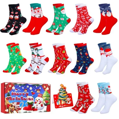 Paar Weihnachtssocken Damen Herren Kuschelsocken Christmas Socks Interessant Weihnachtsmotiv Baumwolle Socken Winter Warme Bett Socken Mix Design mit Weihnachtsmann, Schneemann und Rentier 12