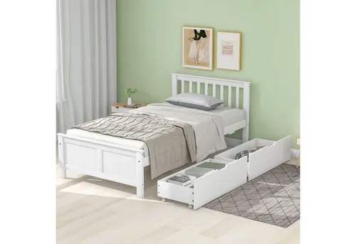 Okwish Holzbett 90x200 cm in Weiß, modern und funktional - Elegantes Einzelbett aus Kiefernholz mit zwei praktischen Schubladen für zusätzlichen Stauraum. Ideal für moderne Schlafzimmer und einfach aufzubauen – perfekt für Jugend- oder Gästezimmer.