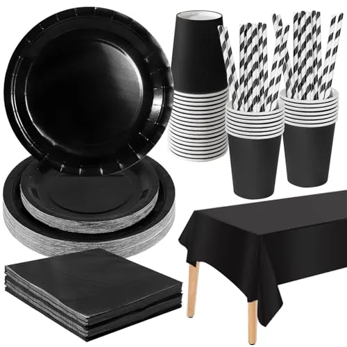 PYAILI Schwarz Partygeschirr, 121 Stück Pappteller Sets, Party Pappteller Becher Servietten Partyteller Partyset Süße Party, für Feste und Feiern wie Geburtstag