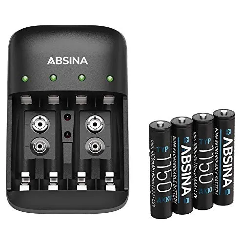 ABSINA Akku Ladegerät Set X4 für AAA, AA & 9V Akkus - Batterien & Ladegerätesets: Kompaktes 4-fach Ladegerät mit individueller Akkuüberwachung und schneller Ladezeit von nur 2 Stunden für Micro AAA, Mignon AA und 9V Akkus.