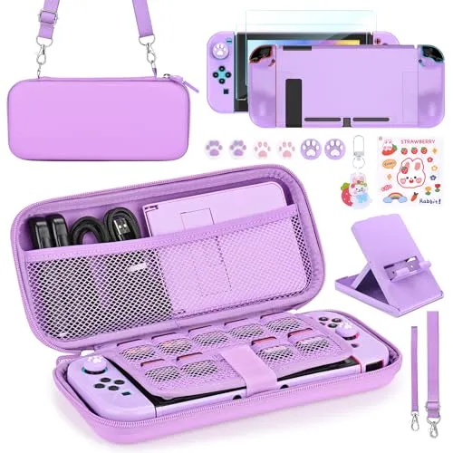 Younik Switch Zubehör Bundle, 17 in 1 Switch Zubehör Kit für Mädchen Enthalten Switch Tasche, Verstellbarer Ständer, Schutzhülle für Switch Konsole & J-Con(Violett)