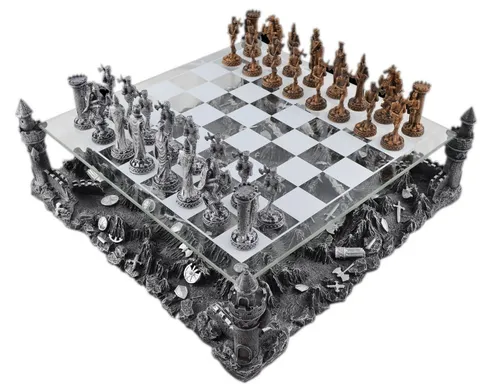 Hochwertiges Zinn Schachspiel Ritter mit Glasbrett
