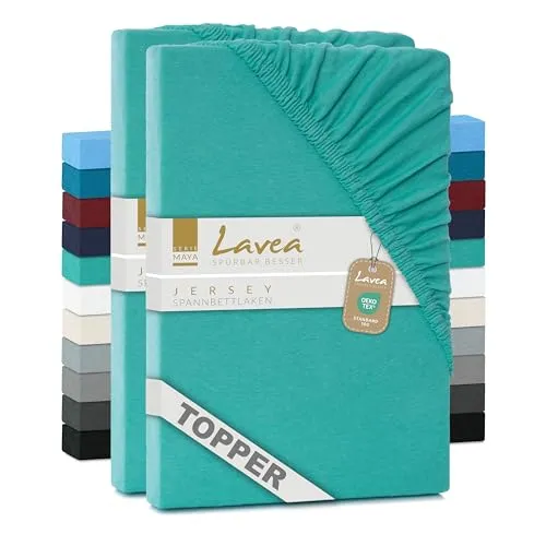 2er Set Lavea® Topper Spannbettlaken - Spannbetttuch Jersey Topper Serie Maya, 200x220cm, Türkis, 100% Baumwolle, hochwertige Verarbeitung, mit Gummizug