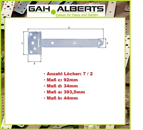 GAH Stahl Kreuzgehänge Scharnier Stahl verzinkt L.393,5 x 44xB.92 x34xStärke 2mm