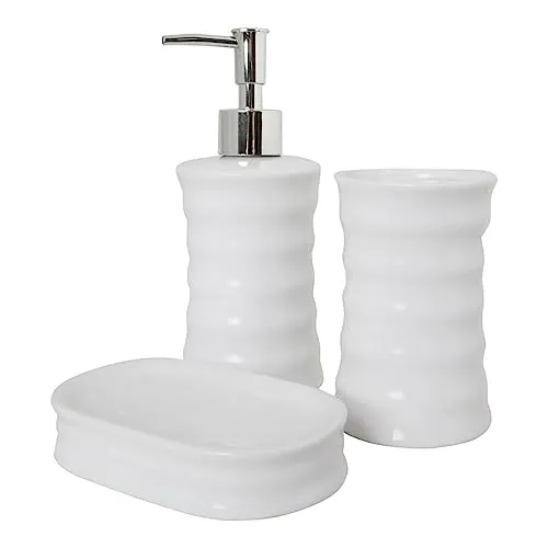 Weißes Badezimmer-Set STRIPED, 3er-Set - Badezimmerzubehör-Set aus hochwertiger Keramik, stilvolles Design in Weiß, ideal zur eleganten Organisation Ihres Badezimmers.