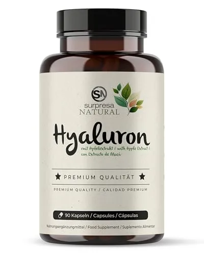 Surpresa Natural Hyaluronsäure Kapseln hochdosiert I 1x 90 Kapseln mit Apfel Extrakt I 500 mg Hyaluronsäure mit 500-700 kD pro Kapsel | vegan & laborgeprüft