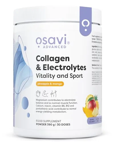 Osavi Kollagen & Elektrolyte Vitalität & Sport – 390 g | Geschmack Ananas-Mango | TENDOFORTE® Kollagenpeptide | 5 Elektrolyte + B-Vitamine | Aquamin Mg® | Unterstützung bei Aktivität