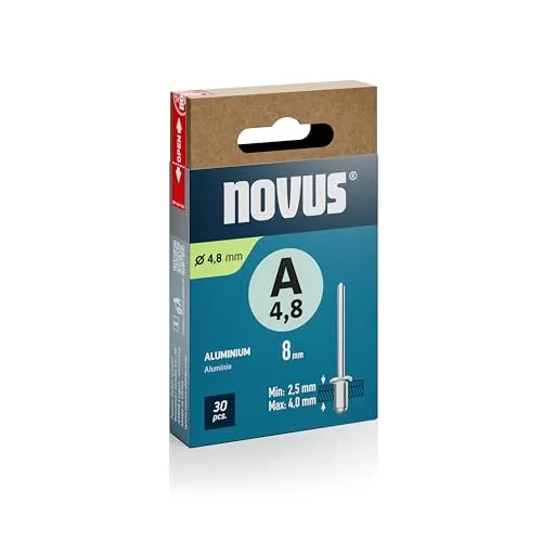 Novus Tools Aluminium-Blindnieten Ø 4,8 mm, 8 mm Länge, 30 Nieten, 2,5-4,0 mm Klemmlänge, ideal zur Befestigung von Nichteisen-Metall, Kunststoff, Leder und Stoffe