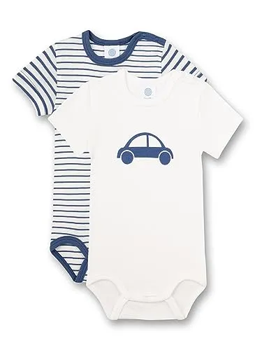 Sanetta Baby-Body halbarm (Doppelpack) weiß & blau Ringel/Auto | Hochwertiger und nachhaltiger Body für Jungen aus Bio-Baumwolle. Inhalt: 2er Set Baby Body