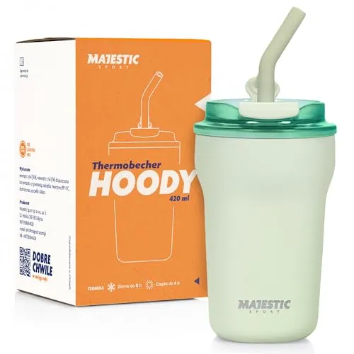 Majestic Sport Hoody Thermobecher mit Strohhalm 420ml Edelstahl Heiße Kalte Getränke Vakuum Trinkbecher,Kaffeebecher für Zuhause Reisen Grün