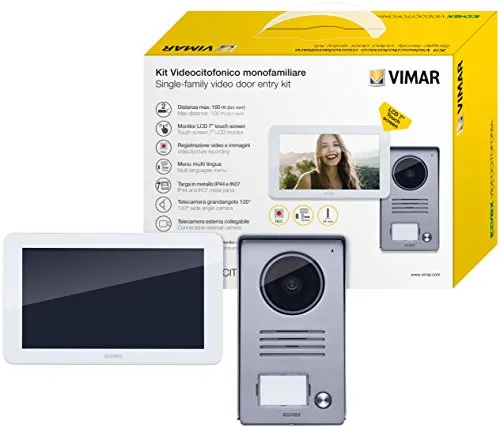 VIMAR K40915 Videosprechenalagen-Set enthält Freisprech-Touchscreen-Videohaustelefon LCD 7in, 1-Taste Klingeltableau mit Regenschutz, Netzgerät mit austauschbaren Steckern EU BS US AU, 1 Familie