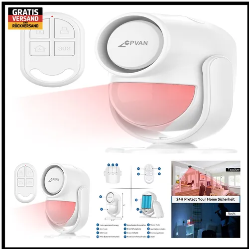 CPVAN PIR Bewegungsmelder Alarm – 125 dB mit Fernbedienung - Alarmanlage für Haus, Garage und Büro, bietet fortschrittliche Infraroterkennung und eine laute 125-DB-Sirene zur Abschreckung von Eindringlingen.
