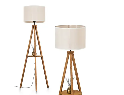 hofstein Stehlampe aus Holz/Stoff im Boho-Style - Standleuchte im skandinavischen Design, 153 cm hoch mit Fußschalter und Ablagefläche, ideal für Esszimmer, Flur oder Wohnzimmer.