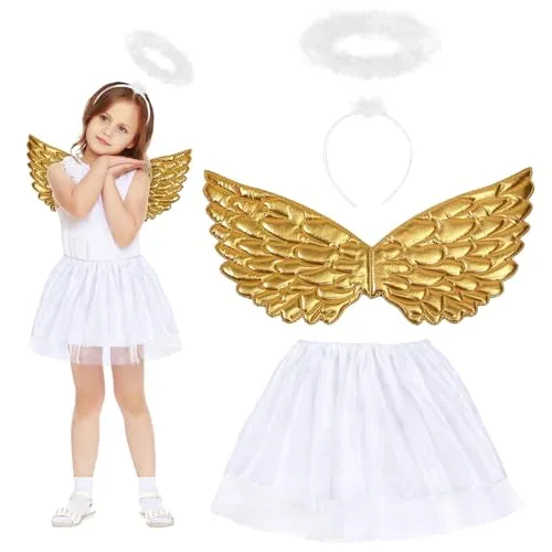 Fennoral 3tlg Engel Kostüm Kinder, Engelsflügel mit Weiß Tutu Rock Halo Stirnband, Gold Federflügel Heiligenschein Mädchen, Christkind Krippenspiel Angel Cosplay Kinderkostüm für Karneval Fasching