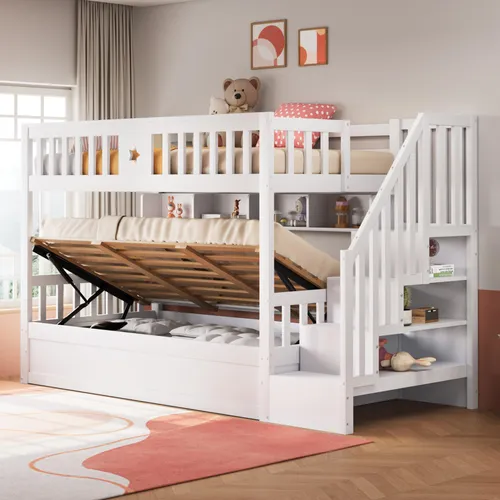 Holzbett 90x200 cm mit Stauraumtreppe und Regalen - Dieses praktische Hochbett (90 x 200 cm) bietet sicheren Schlafplatz und viel Stauraum. Mit hydraulischem Unterbett und cleveren Regalen sorgt es für Ordnung im Kinderzimmer und maximiert den verfügbaren Platz.