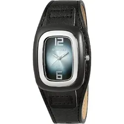 Damen Unterleg Armbanduhr Kunstleder schwarz eckiges blaues Ziffernblatt Analog