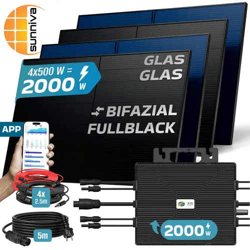 SUNNIVA Balkonkraftwerk 2600W/2000W - Komplettset mit Bifazialen Solarmodulen - Balkonkraftwerk: Effiziente Solaranlage mit 2600W Leistung, ideal für Stromsparen und einfache Installation dank Plug & Play. Hohe jährliche Ersparnisse von bis zu 360,- EUR!