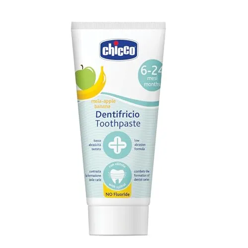 Produktbild Chicco Zahnpasta für Kinder, Geschmack Apfel und Banane, Zahnpasta für Kinder, sanft zu Kinderzähnen, geringe Abrasivität, ohne Fluor, wirkt der Bildung von Karie, 50 ml, 6-24 Monate