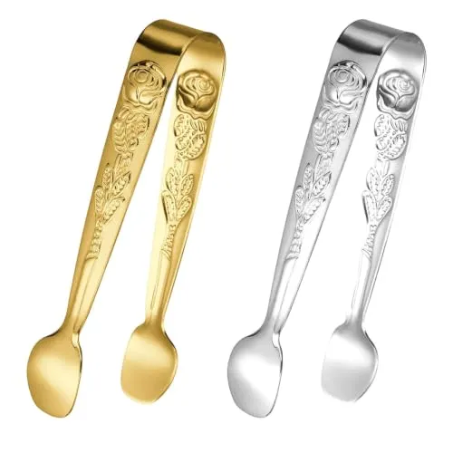Stück Zuckerzange Rosendekor, Edelstah Candybar Zangen, Eiswürfelzange für Süßigkeiten Candy SalatBar Büfett Hochzeiten Partys, Klein Gold, Silber 2