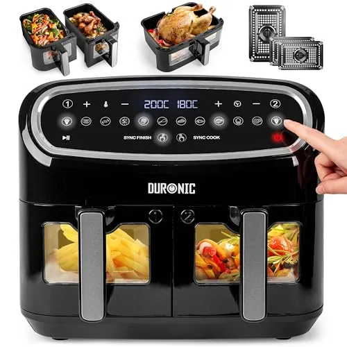 Duronic AF34 BK Heißluftfriteuse - XXL Airfryer mit 2 Kammern - Heißluftfritteuse mit 10L Volumen, ideal für gesunde, knusprige Mahlzeiten ohne Öl. Mit 10 voreingestellten Kochmodi und intuitivem Bedienfeld für einfache Handhabung.