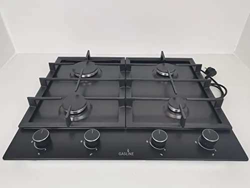 Gasline Einbau Gaskochfeld,4 flammig, Gasherd, GAG60INB Schwarz Matt, Sabaf-Brenner, Erdgas/Propangas, Elektrische 1-Handzündung, Thermoelektrische Zündsicherung