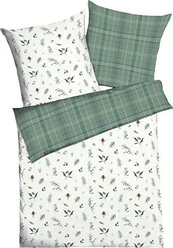 Kaeppel Bettwäsche Winter Greens, 2-teilig - Bettwäsche-Set aus 100% Baumwolle, feinbiber, mit Blättern und praktischem Reißverschluss, ideal für gemütliche Winternächte.