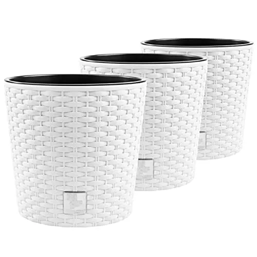 PAFEN 3X Blumentopf RATTO Rattan-Optik Kunststoff Topf Blumenkübel inkl. Einsatz Übertopf Weiß ⌀25cm