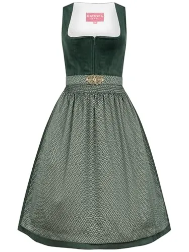 Krüger Dirndl Alisha 70cm - Elegantes Samt-Dirndl in Dunkelgrün - Dirndl für Damen mit schickem Samt-Mieder und schlicht gemusterter Jacquard-Schürze. Ideal für Trachtenfeste und besondere Anlässe, inklusive praktischen Taschen.