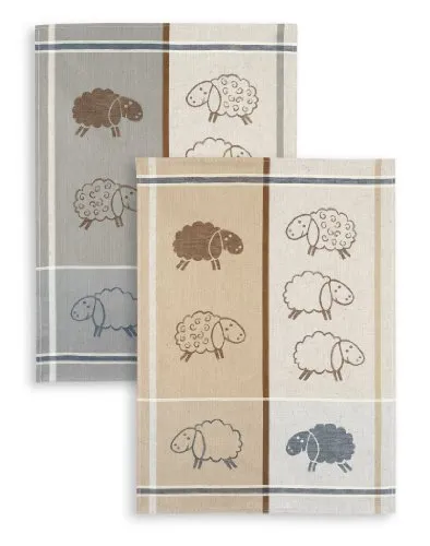 2-er Set, Jacquard Geschirrtuch, KRACHT, Halbleinen, Schafe, beige/grau, Format 50x70cm